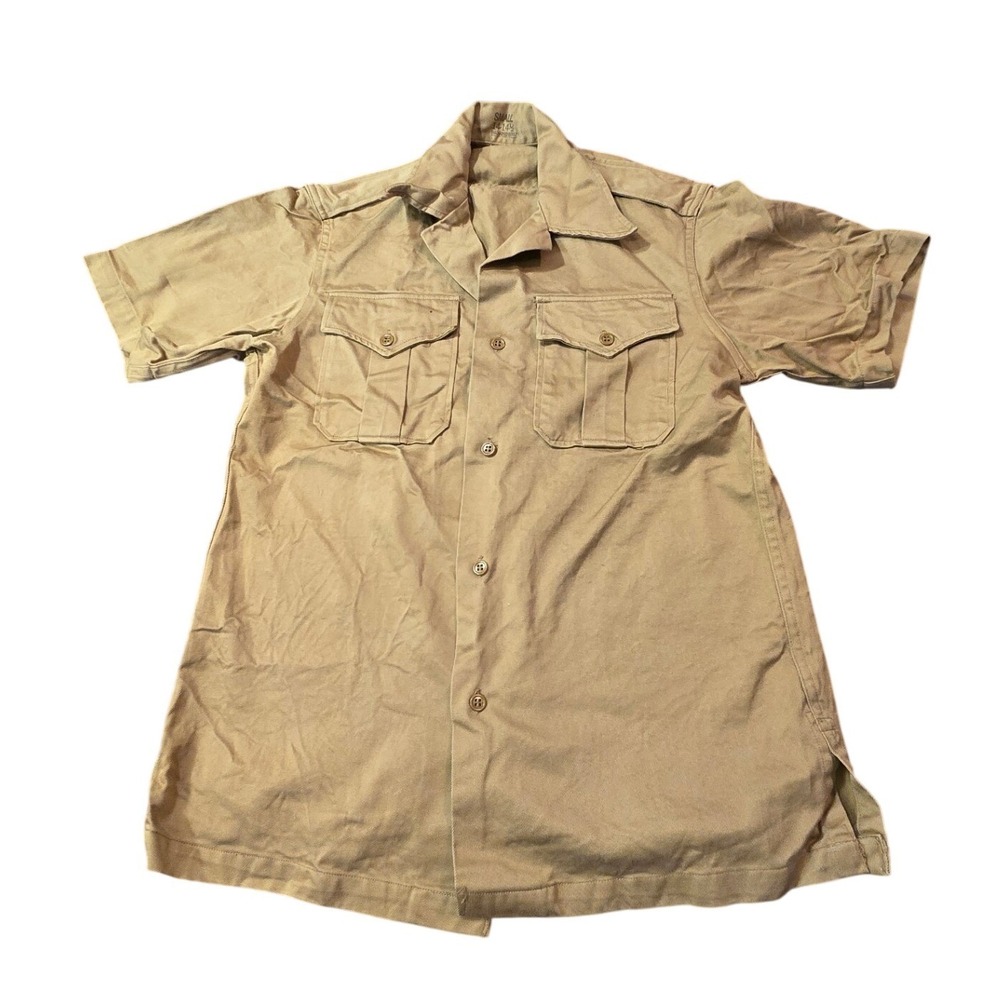 Vintage US Military Khaki Cotton Twill Short Sleeve Utility Shirt Small 14